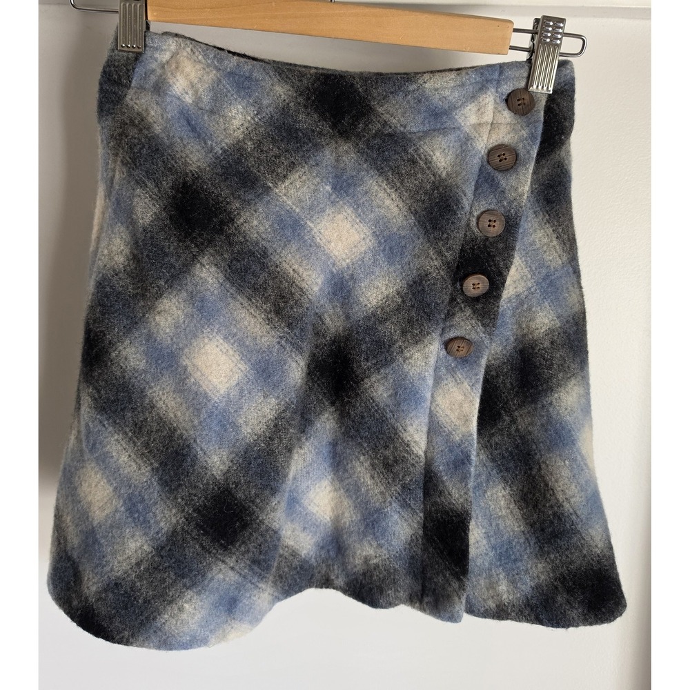 VTG African Beat Club Part-II Plaid Mini Skirt Sz 63 Blue Black Wool Retro Wrap
